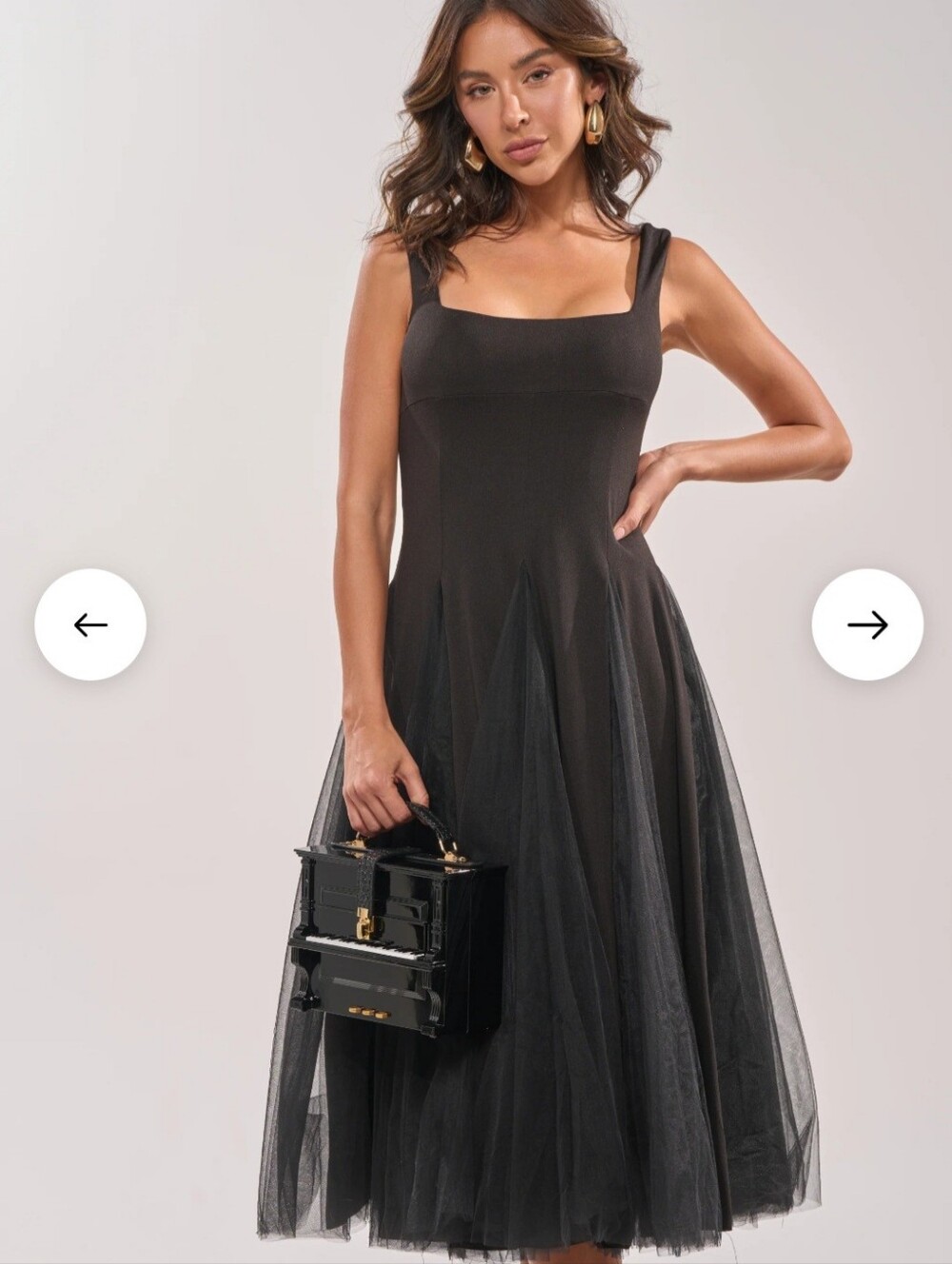 Elegant Black Tulle Midi Dress with Square Neck